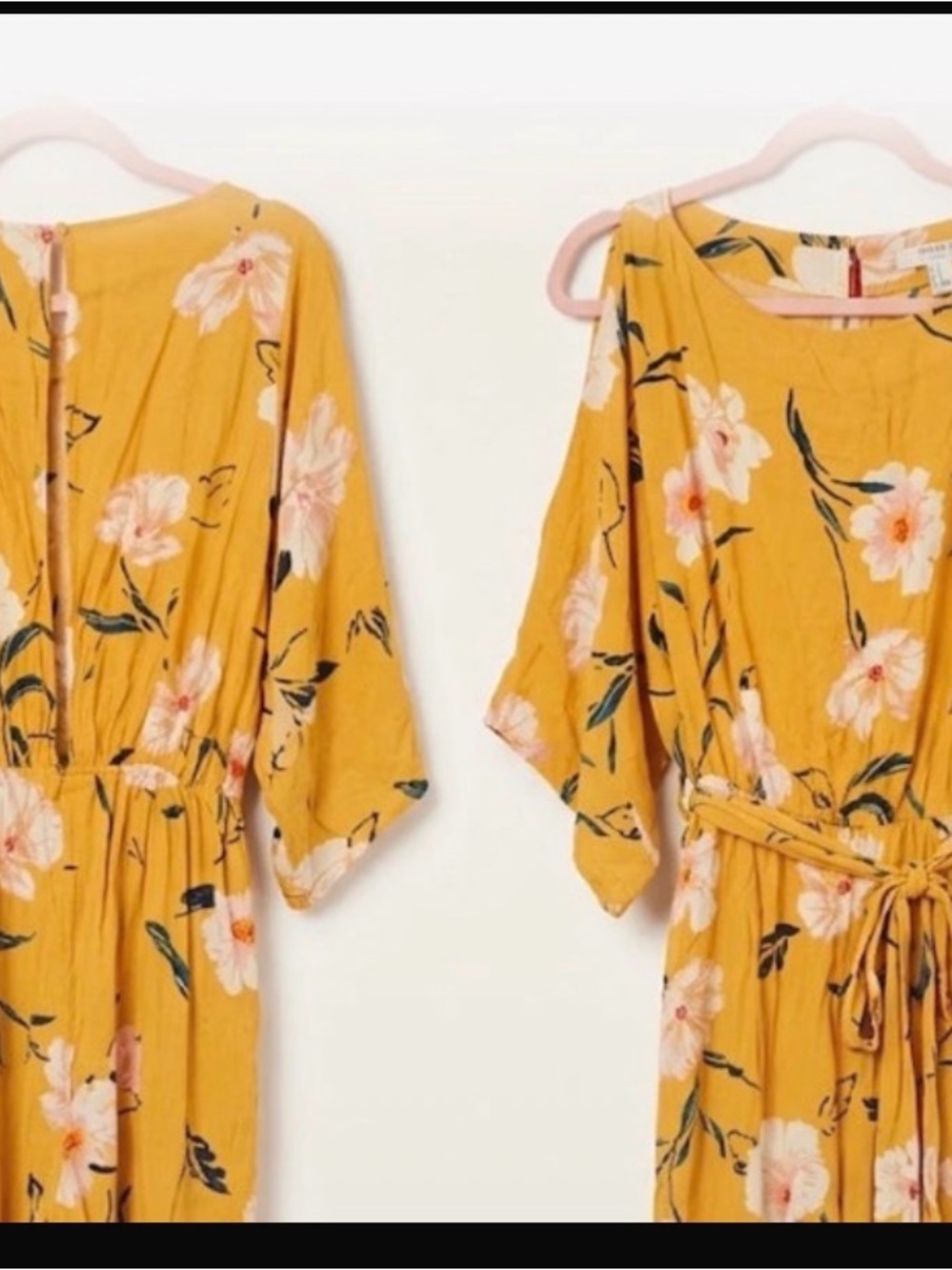 Forever 21 Mustard Yellow Floral Midi Dress with Tie Waist